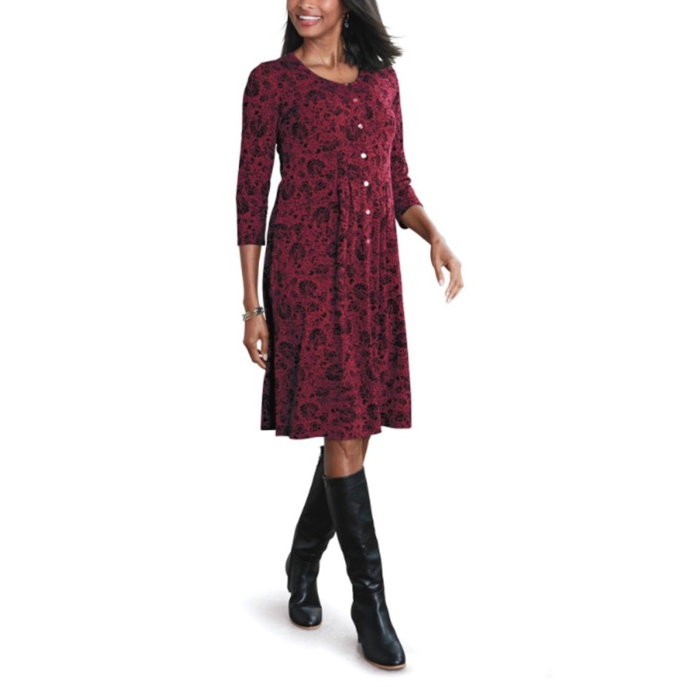 Chadwicks Pleated A-Line Knit Dress, Button Front 3/4 Sleeves Floral Print